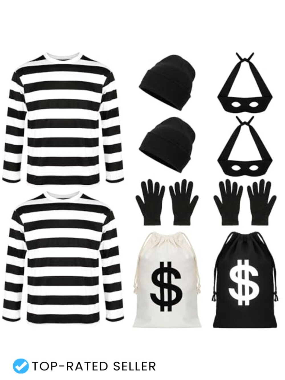 12 PC Robber Costume Set Thief Cosplay Long Sleeve Striped Shirt Beanie Gloves